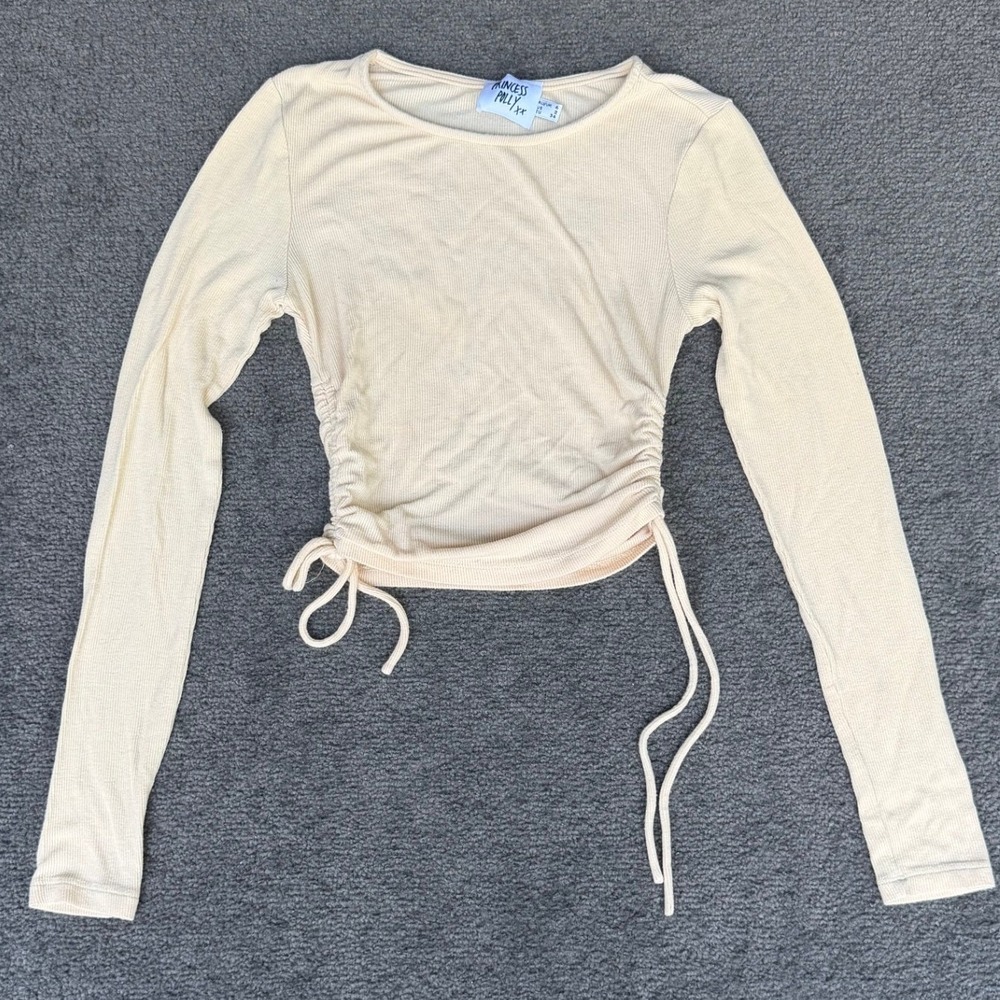 Princess Polly Cream Ribbed Ruched Side Long Sleeve Crop Top US 2 Small